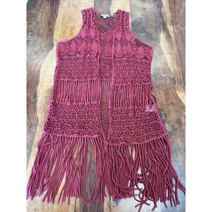 Garage burgundy vest cotton crocheted fringe boho hippy festival women's sz M-L